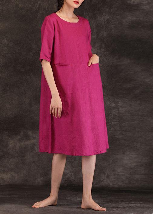 Loose O Neck Pockets Linen Dresses Work Outfits Burgundy Dress Summer