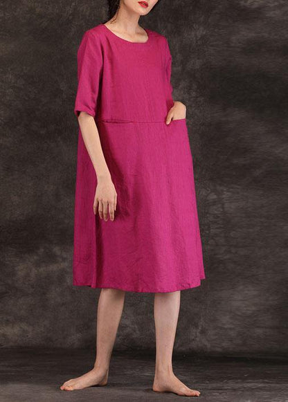 Loose O Neck Pockets Linen Dresses Work Outfits Burgundy Dress Summer