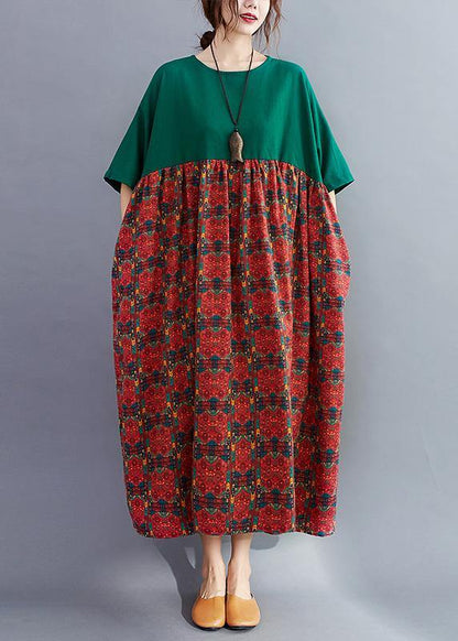 Loose O Neck Quilting Dresses Catwalk Blackish Green Patchwork Print Dresses