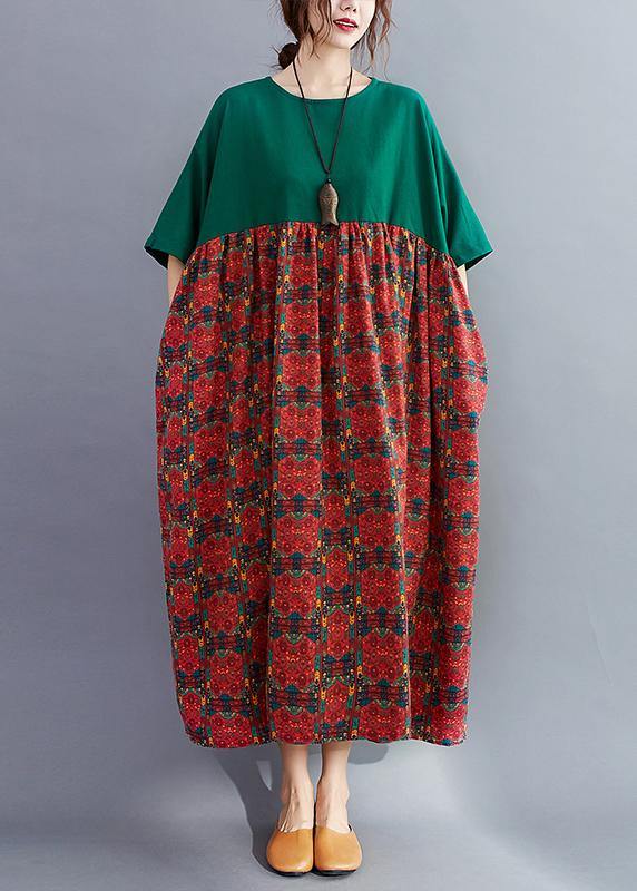Loose O Neck Quilting Dresses Catwalk Blackish Green Patchwork Print Dresses