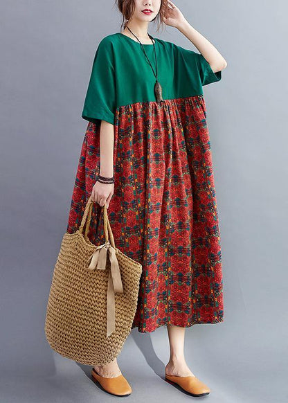 Loose O Neck Quilting Dresses Catwalk Blackish Green Patchwork Print Dresses