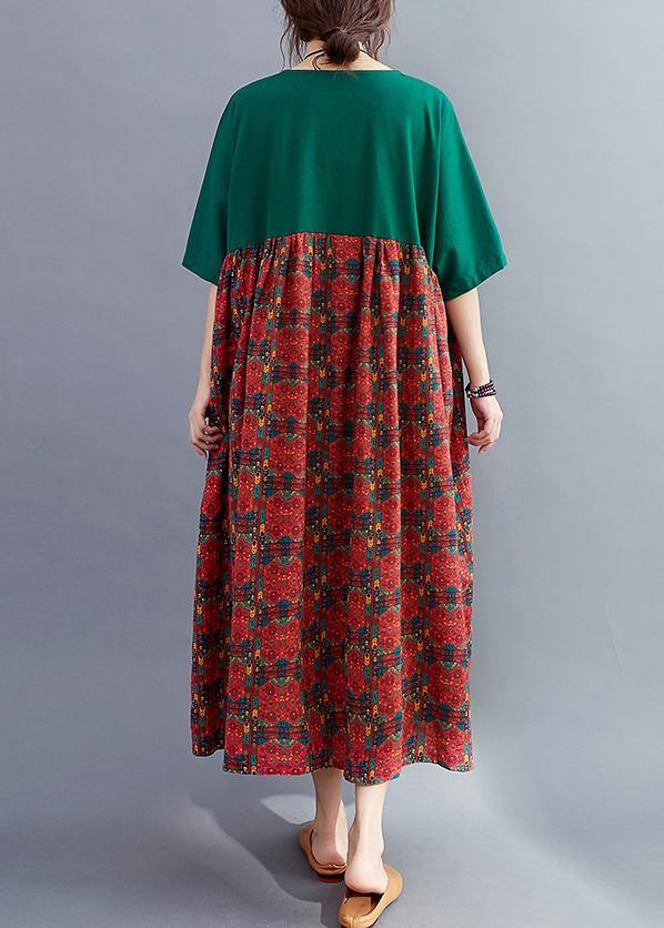 Loose O Neck Quilting Dresses Catwalk Blackish Green Patchwork Print Dresses