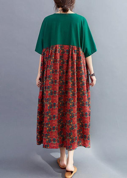 Loose O Neck Quilting Dresses Catwalk Blackish Green Patchwork Print Dresses