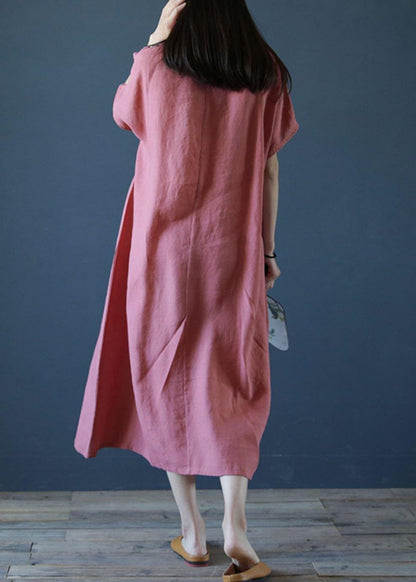 Loose O Neck Short Sleeve Linen Dresses Sewing Pink Dresses