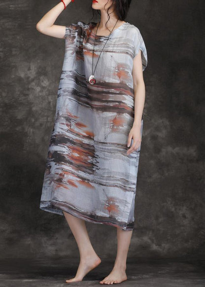 Loose O Neck Short Sleeve Pockets Linen Robes Gray Print Dresses Summer
