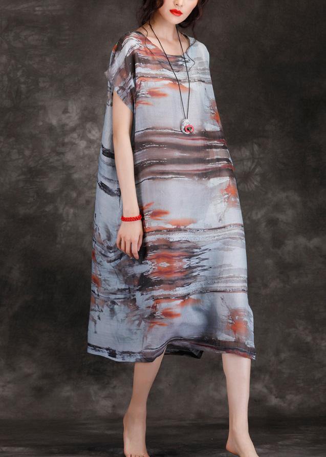 Loose O Neck Short Sleeve Pockets Linen Robes Gray Print Dresses Summer