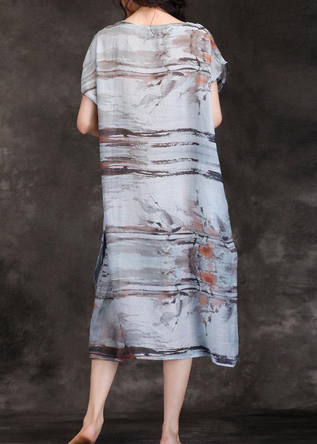 Loose O Neck Short Sleeve Pockets Linen Robes Gray Print Dresses Summer