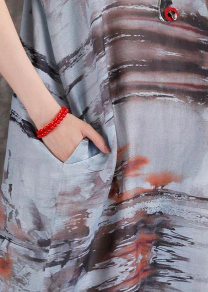Loose O Neck Short Sleeve Pockets Linen Robes Gray Print Dresses Summer