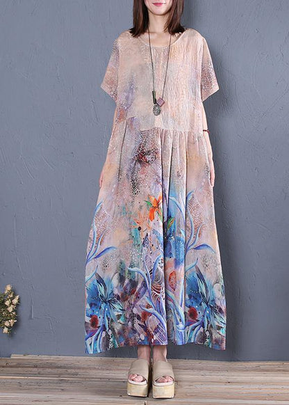 Loose O Neck Cinched Linen Summer Clothes Sleeve Blue Print Dress