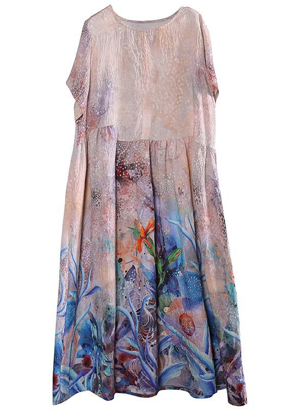 Loose O Neck Cinched Linen Summer Clothes Sleeve Blue Print Dress