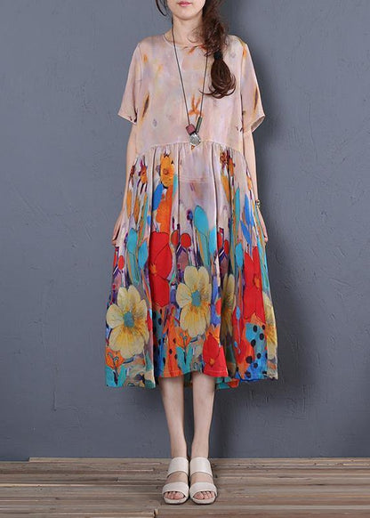 Loose O Neck Cinched Linen Summer Clothes Wardrobes Khaki Print Dress