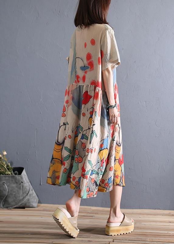 Loose O Neck Cinched Linen Summer Clothes Wardrobes Khaki Print Dress