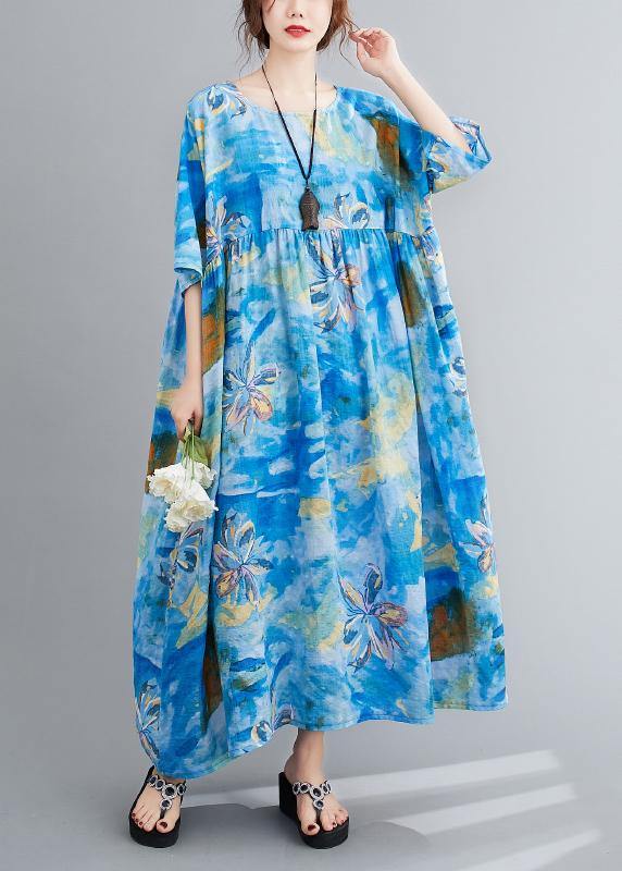 Loose O Neck Cinched Summer Clothes Blue Print Maxi Dresses