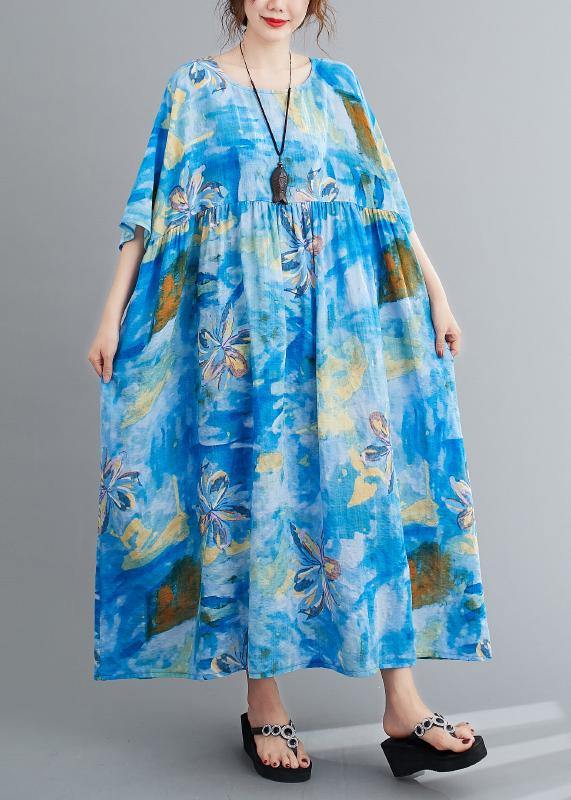 Loose O Neck Cinched Summer Clothes Blue Print Maxi Dresses