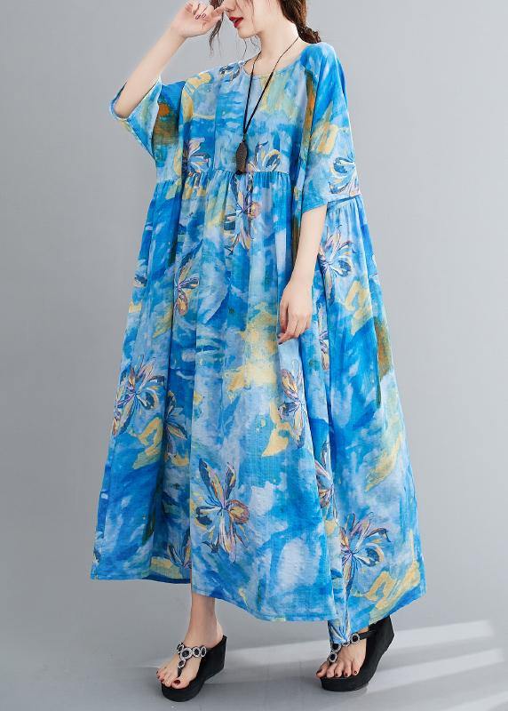 Loose O Neck Cinched Summer Clothes Blue Print Maxi Dresses