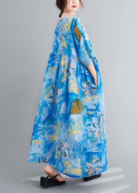 Loose O Neck Cinched Summer Clothes Blue Print Maxi Dresses