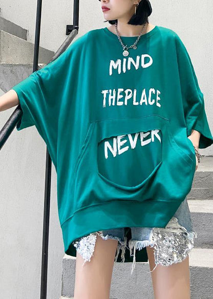 Loose O Neck Zippered Cotton Tops Blue Green Blouse