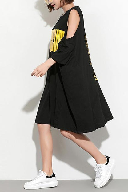 Loose Off the Shoulder Cotton Clothes Fine Work Black Shift Dresses Summer
