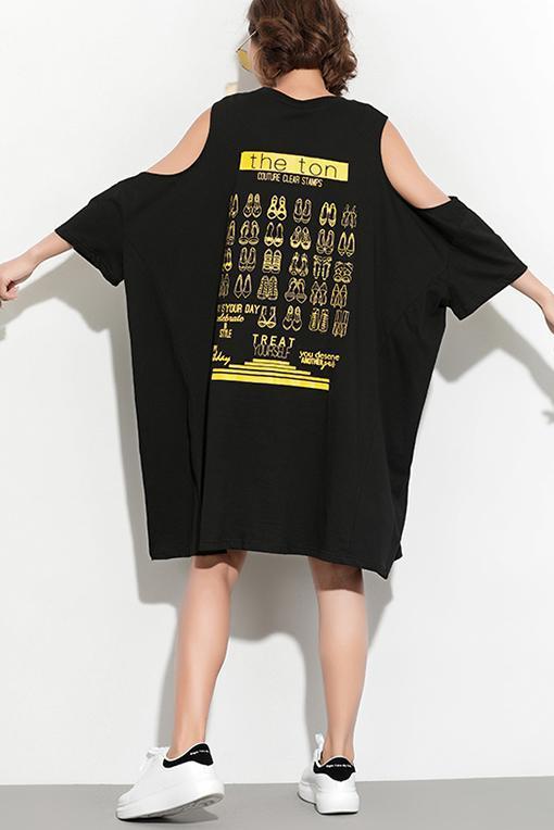 Loose Off the Shoulder Cotton Clothes Fine Work Black Shift Dresses Summer