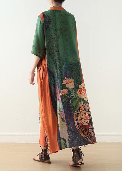 Loose Orange Green Print Chiffon Robes Century Shirts Stand Collar Half Sleeve Summer Dress