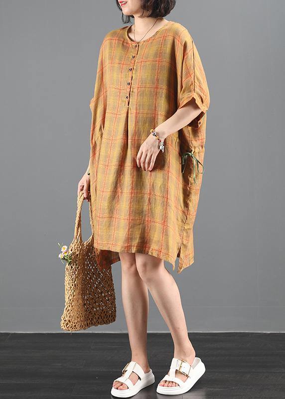 Loose Orange Plaid Dresses O Neck Drawstring Knee Summer Dress