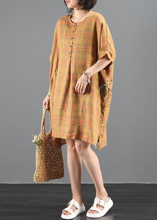 Loose Orange Plaid Dresses O Neck Drawstring Knee Summer Dress