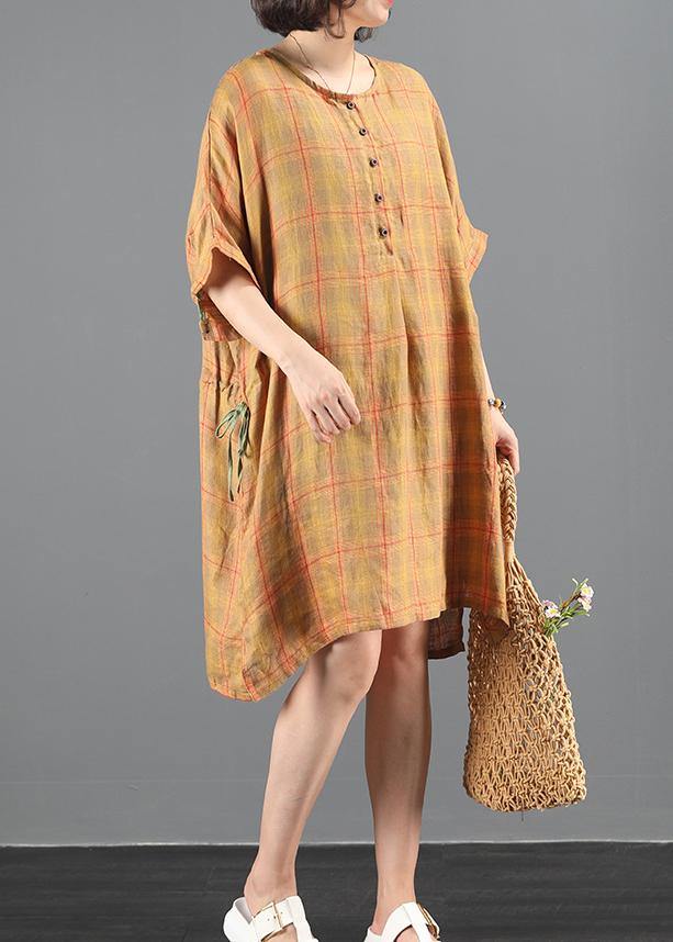 Loose Orange Plaid Dresses O Neck Drawstring Knee Summer Dress