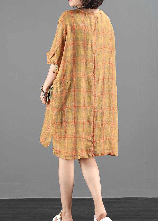 Loose Orange Plaid Dresses O Neck Drawstring Knee Summer Dress