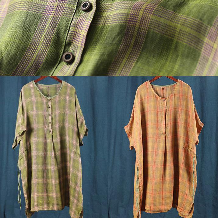 Loose Orange Plaid Dresses O Neck Drawstring Knee Summer Dress