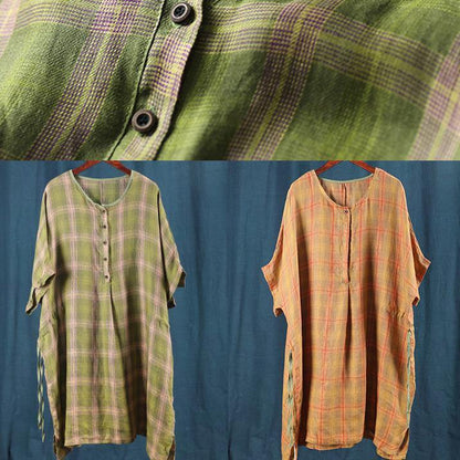 Loose Orange Plaid Dresses O Neck Drawstring Knee Summer Dress