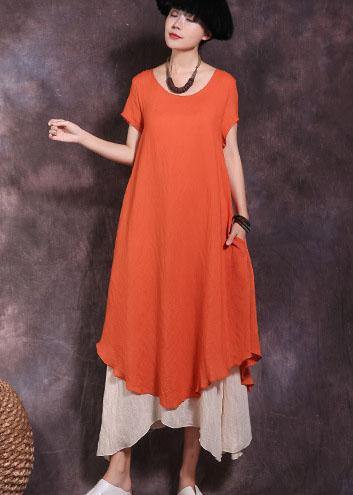 Loose Orange Short Sleeve Linen Dress False Two Pieces Loose Summer Dress