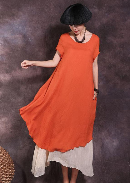 Loose Orange Short Sleeve Linen Dress False Two Pieces Loose Summer Dress