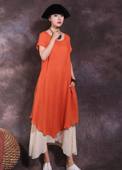 Loose Orange Short Sleeve Linen Dress False Two Pieces Loose Summer Dress