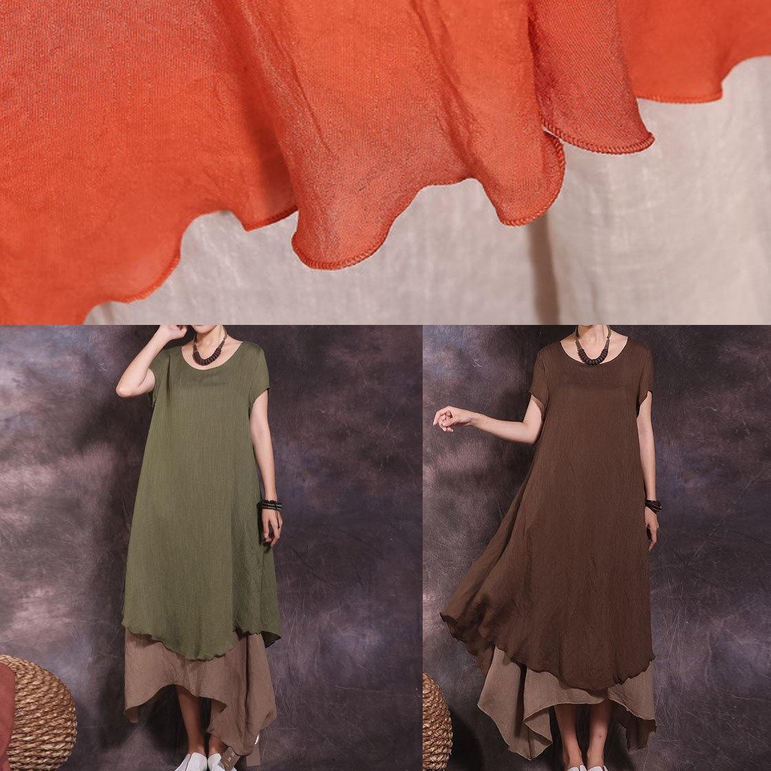 Loose Orange Short Sleeve Linen Dress False Two Pieces Loose Summer Dress