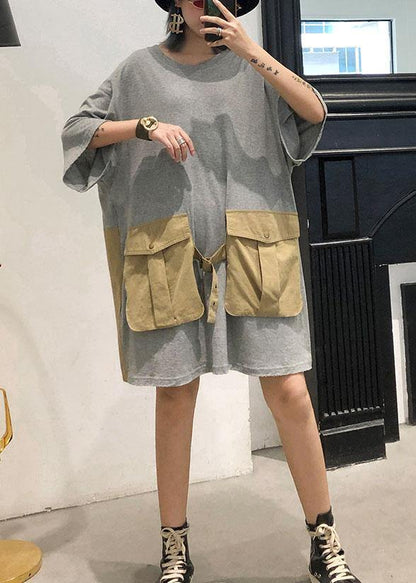 Loose Patchwork Big Pockets Cotton Clothes Inspiration Gray Dresses Summer