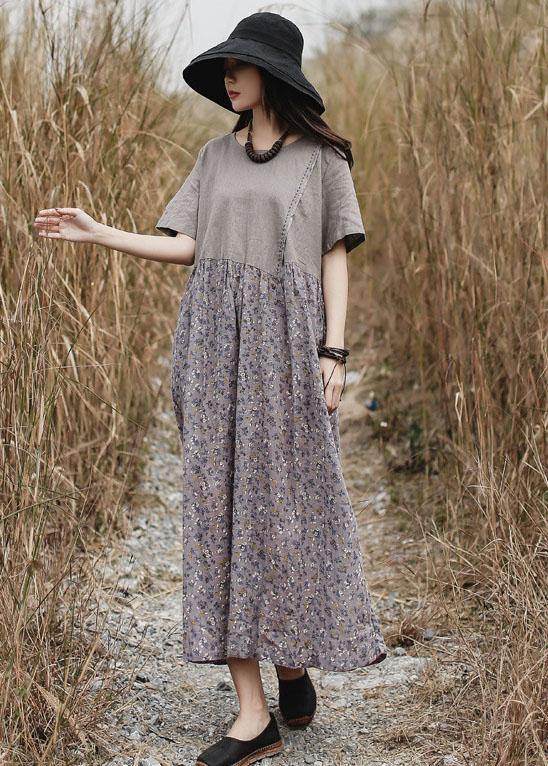 Loose Patchwork Linen Long Shirts Neckline Gray Dress Summer
