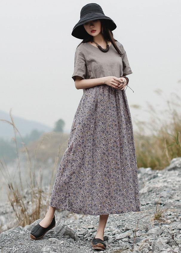 Loose Patchwork Linen Long Shirts Neckline Gray Dress Summer