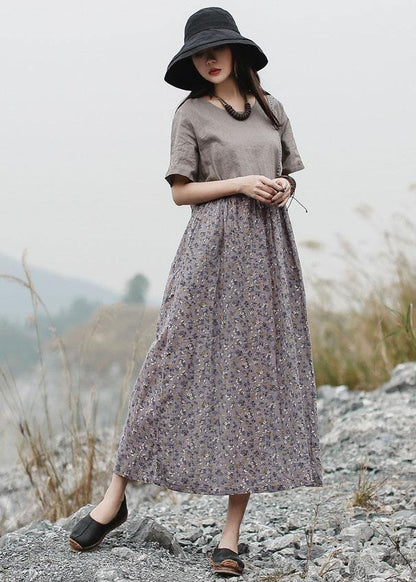 Loose Patchwork Linen Long Shirts Neckline Gray Dress Summer