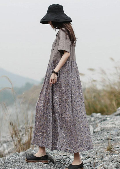 Loose Patchwork Linen Long Shirts Neckline Gray Dress Summer
