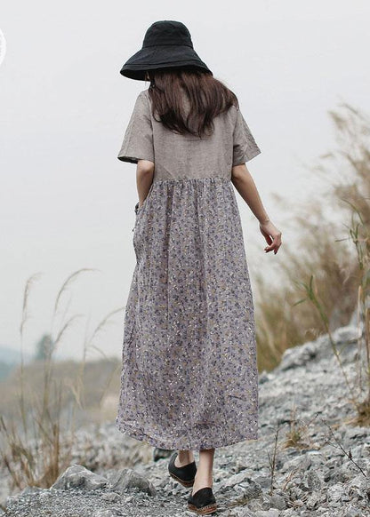 Loose Patchwork Linen Long Shirts Neckline Gray Dress Summer