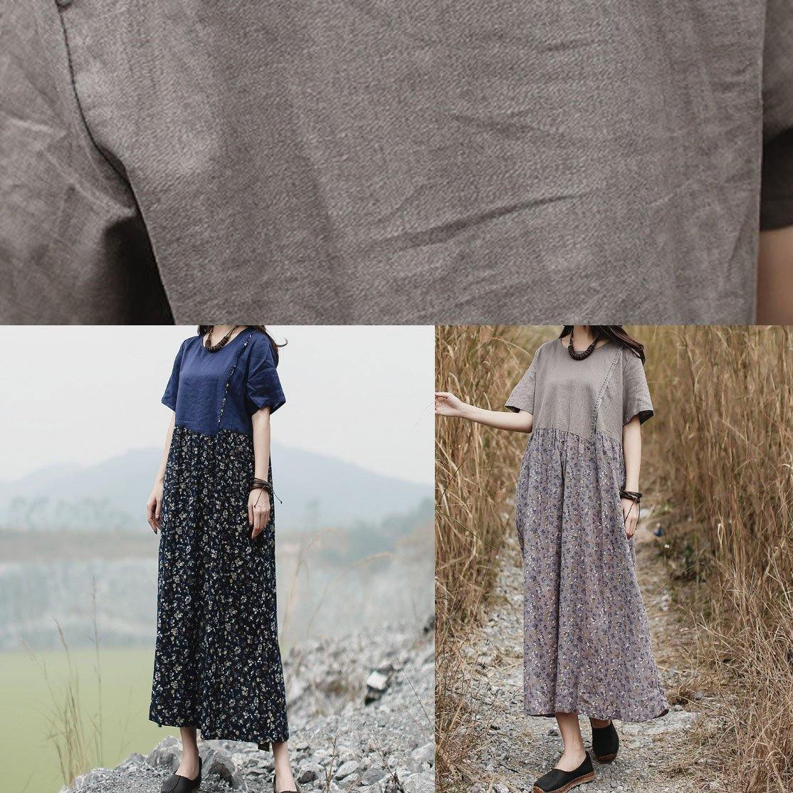 Loose Patchwork Linen Long Shirts Neckline Gray Dress Summer