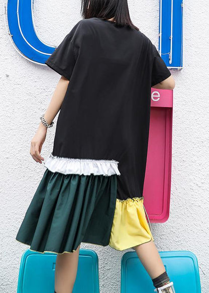 Loose Patchwork Cinched Cotton Quilting Dresses Neckline Black Dresses Summer