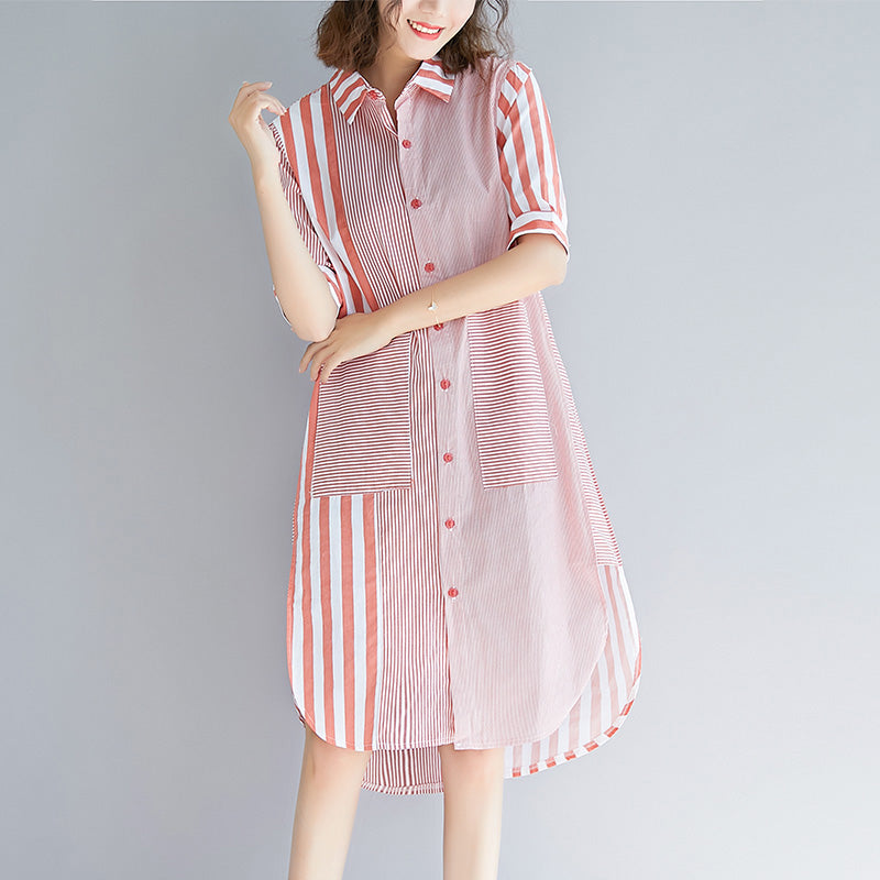 Loose Pink Striped Cotton Quilting Clothes Fun Photography Side Open Knee Patchwork Dress