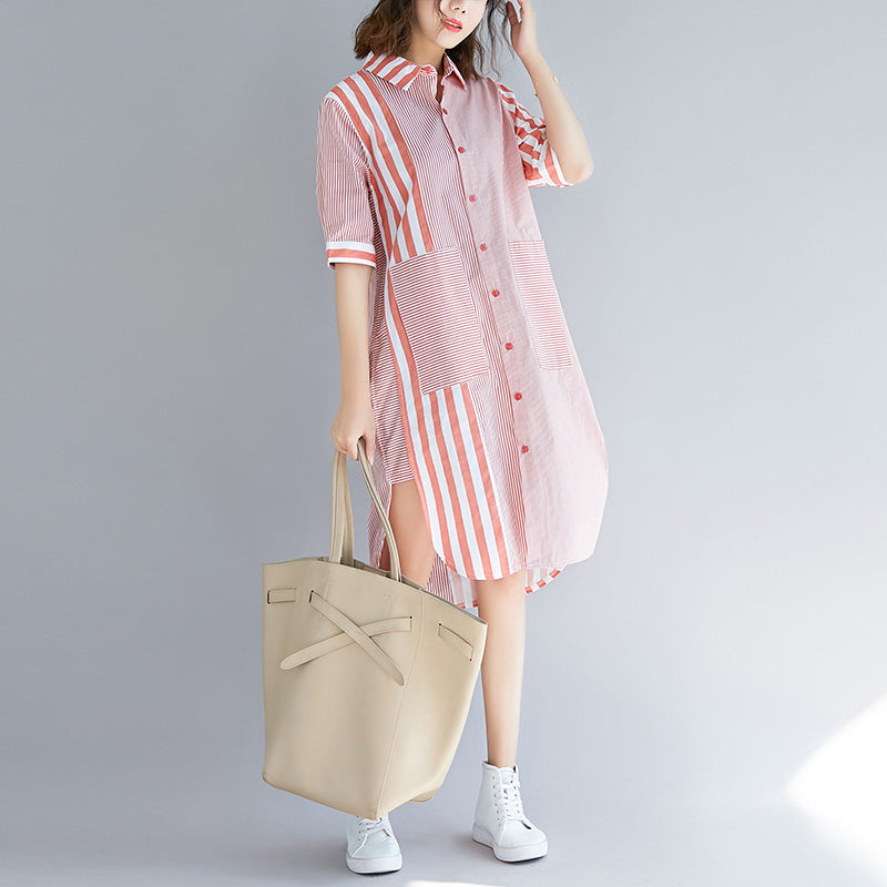 Loose Pink Striped Cotton Quilting Clothes Fun Photography Side Open Knee Patchwork Dress