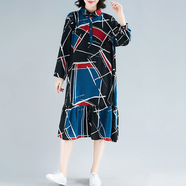 Loose Print Chiffon Clothes for Sweets Wardrobes Ruffles Chiffon Lapel Collar Dress