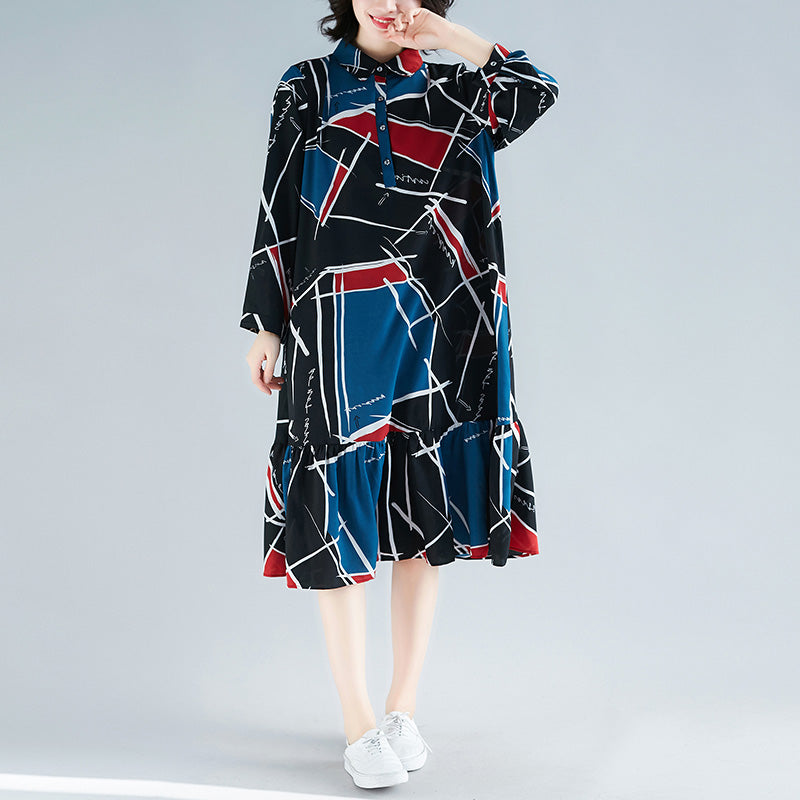 Loose Print Chiffon Clothes for Sweets Wardrobes Ruffles Chiffon Lapel Collar Dress