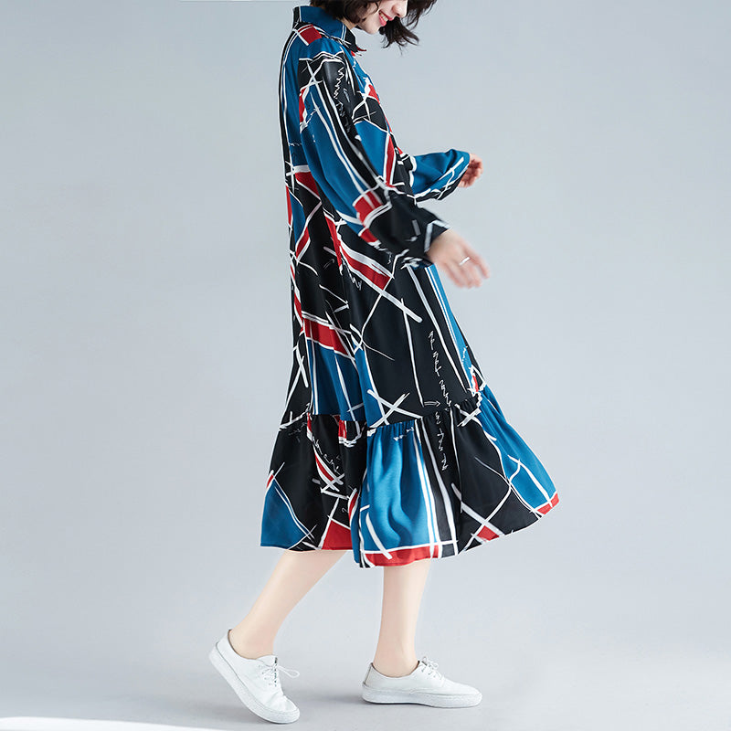 Loose Print Chiffon Clothes for Sweets Wardrobes Ruffles Chiffon Lapel Collar Dress