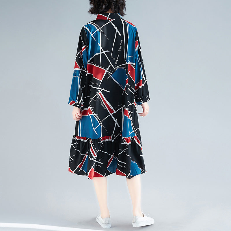 Loose Print Chiffon Clothes for Sweets Wardrobes Ruffles Chiffon Lapel Collar Dress