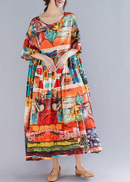 Loose Prints Cotton Linen Quilting Dresses Short Sleeve Big Hem Loose Summer Dress