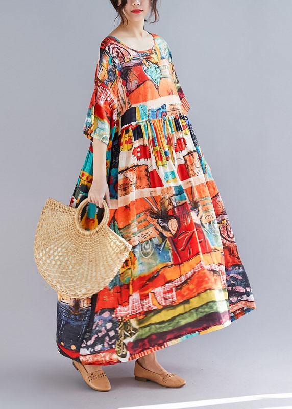 Loose Prints Cotton Linen Quilting Dresses Short Sleeve Big Hem Loose Summer Dress
